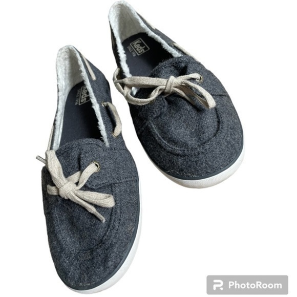 KEDS | WOMENS KEDS GREY WOOL SLIDES + REAR SHIMMER GOLD STRIPE, SIZE 10 - Picture 1 of 4